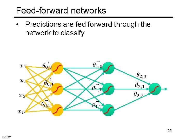 Feed-forward networks • Predictions are fed forward through the network to classify 26 HKUST