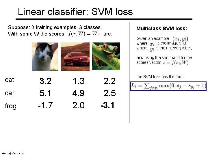 Linear classifier: SVM loss Suppose: 3 training examples, 3 classes. With some W the