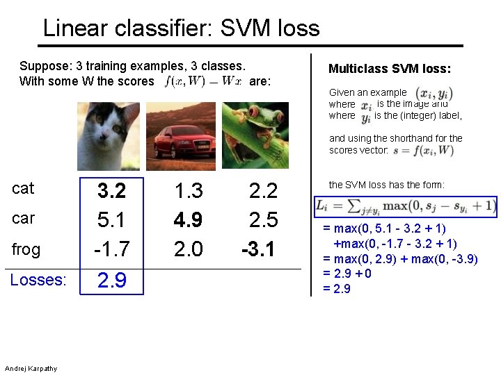 Linear classifier: SVM loss Suppose: 3 training examples, 3 classes. are: With some W