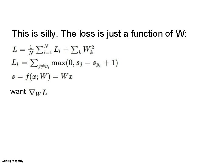 This is silly. The loss is just a function of W: want Andrej Karpathy