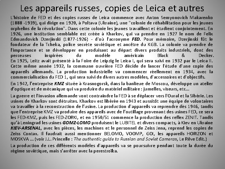 Les appareils russes, copies de Leica et autres L'histoire de FED et des copies