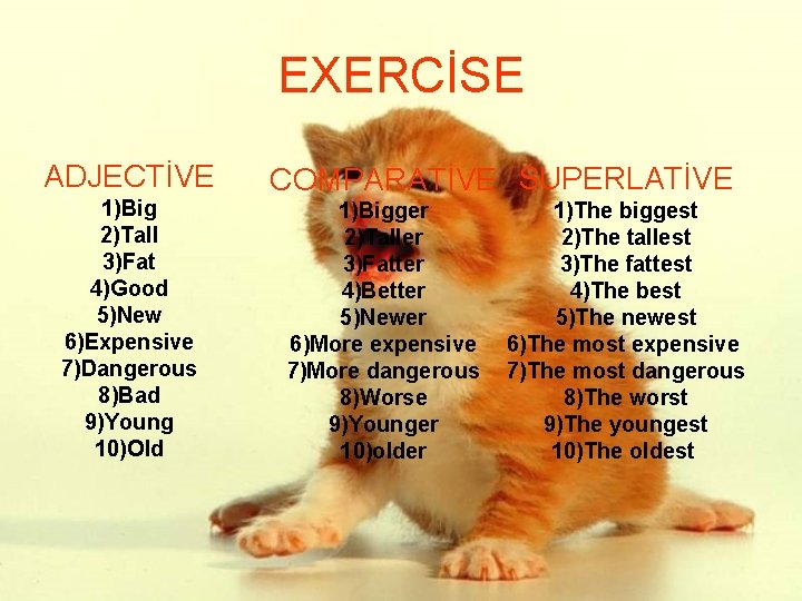 EXERCİSE ADJECTİVE 1)Big 2)Tall 3)Fat 4)Good 5)New 6)Expensive 7)Dangerous 8)Bad 9)Young 10)Old COMPARATİVE SUPERLATİVE