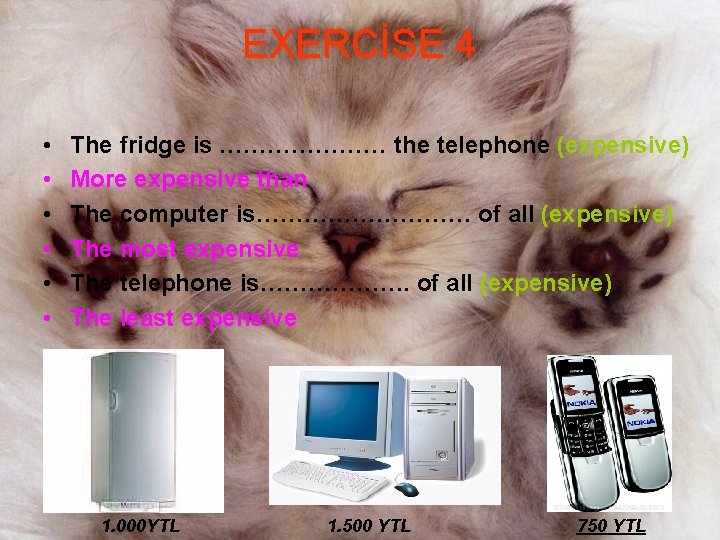 EXERCİSE 4 • • • The fridge is ………………… the telephone (expensive) More expensive