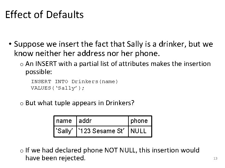 Effect of Defaults • Suppose we insert the fact that Sally is a drinker,
