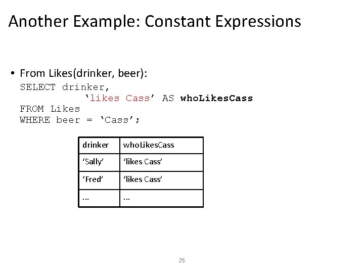 Another Example: Constant Expressions • From Likes(drinker, beer): SELECT drinker, ‘likes Cass’ AS who.