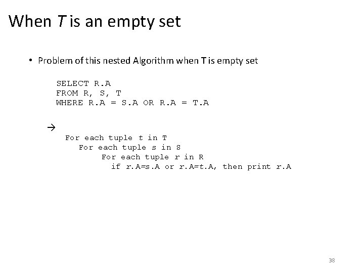 When T is an empty set • Problem of this nested Algorithm when T