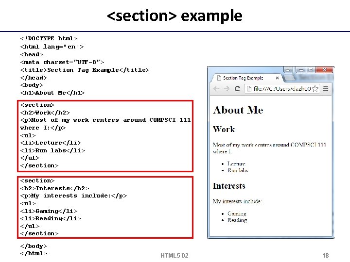 <section> example <!DOCTYPE html> <html lang="en"> <head> <meta charset="UTF-8"> <title>Section Tag Example</title> </head> <body>