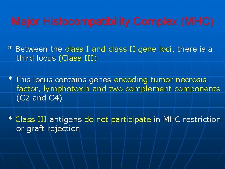 Major Histocompatibility Complex (MHC) * Between the class I and class II gene loci,