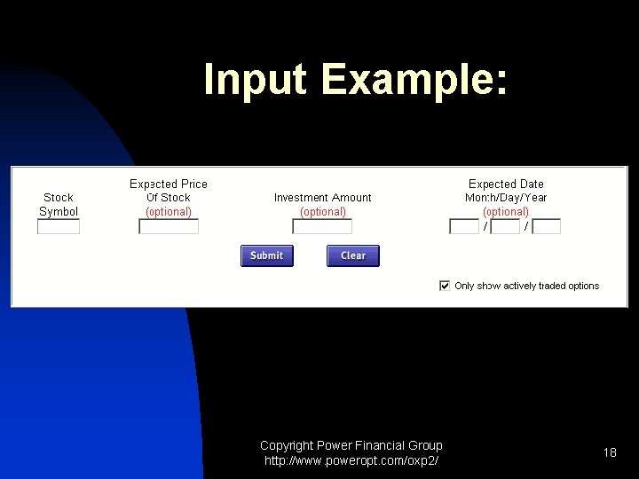 Input Example: Copyright Power Financial Group http: //www. poweropt. com/oxp 2/ 18 