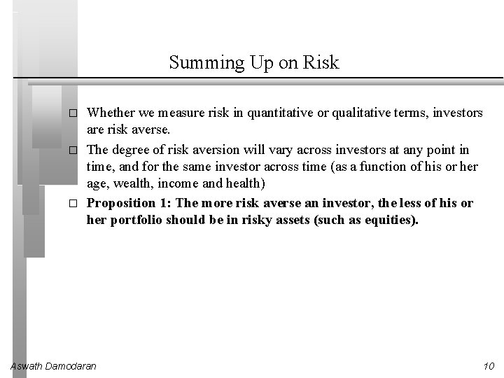 Summing Up on Risk � � � Whether we measure risk in quantitative or