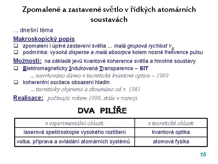 Zpomalené a zastavené světlo v řídkých atomárních soustavách. . . dnešní téma Makroskopický popis Zpomalené a zastavené světlo v řídkých atomárních soustavách. . . dnešní téma Makroskopický popis