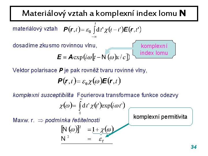 Materiálový vztah a komplexní index lomu N materiálový vztah dosadíme zkusmo rovinnou vlnu, komplexní Materiálový vztah a komplexní index lomu N materiálový vztah dosadíme zkusmo rovinnou vlnu, komplexní