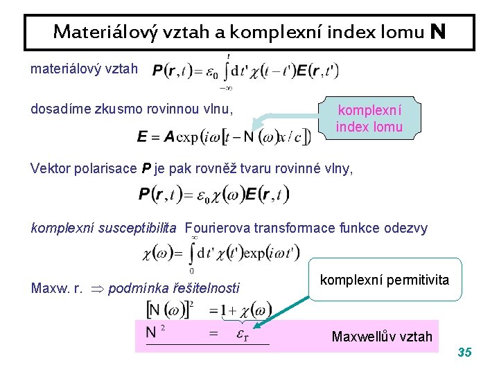 Materiálový vztah a komplexní index lomu N materiálový vztah dosadíme zkusmo rovinnou vlnu, komplexní Materiálový vztah a komplexní index lomu N materiálový vztah dosadíme zkusmo rovinnou vlnu, komplexní