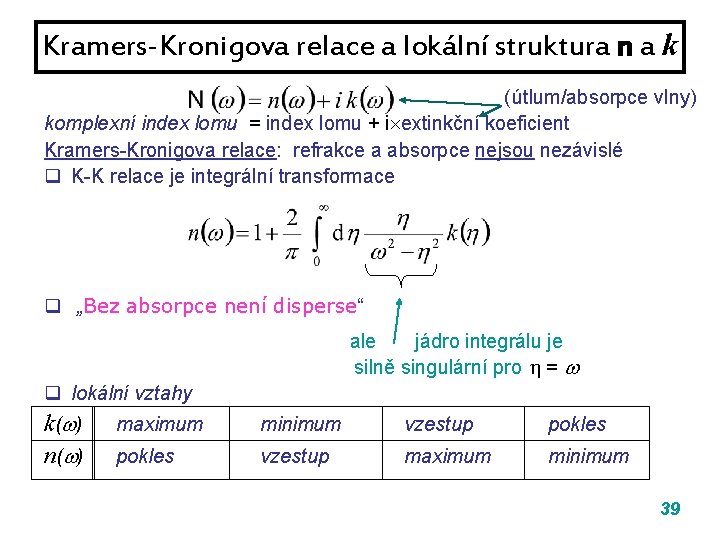 Kramers-Kronigova relace a lokální struktura n a k (útlum/absorpce vlny) komplexní index lomu = Kramers-Kronigova relace a lokální struktura n a k (útlum/absorpce vlny) komplexní index lomu =