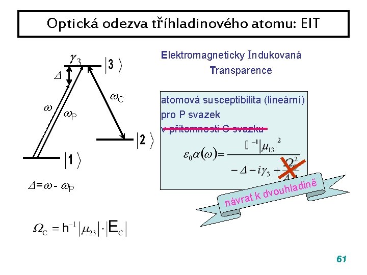 Optická odezva tříhladinového atomu: EIT Elektromagneticky Indukovaná Transparence P = - P C atomová Optická odezva tříhladinového atomu: EIT Elektromagneticky Indukovaná Transparence P = - P C atomová