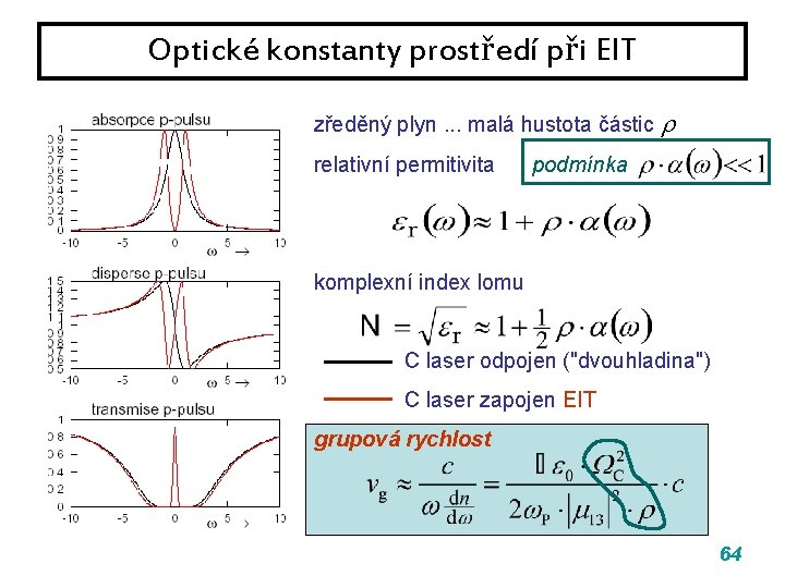 Optické konstanty prostředí při EIT zředěný plyn. . . malá hustota částic relativní permitivita Optické konstanty prostředí při EIT zředěný plyn. . . malá hustota částic relativní permitivita