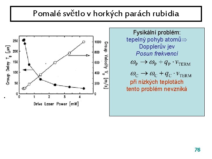 Pomalé světlo v horkých parách rubidia Fysikální problém: tepelný pohyb atomů Dopplerův jev Posun Pomalé světlo v horkých parách rubidia Fysikální problém: tepelný pohyb atomů Dopplerův jev Posun