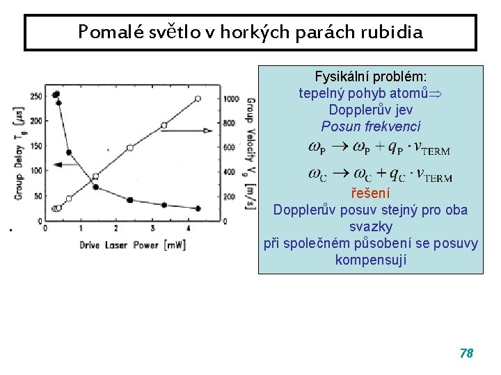 Pomalé světlo v horkých parách rubidia Fysikální problém: tepelný pohyb atomů Dopplerův jev Posun Pomalé světlo v horkých parách rubidia Fysikální problém: tepelný pohyb atomů Dopplerův jev Posun