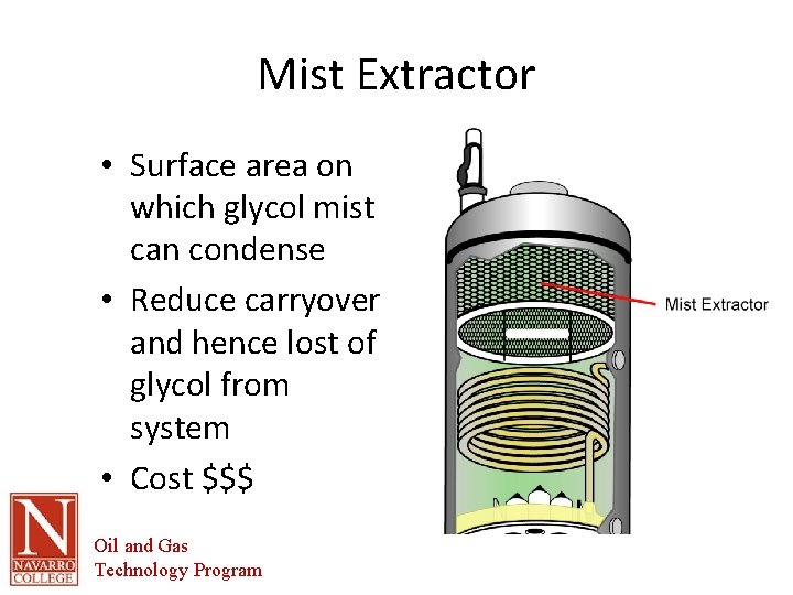 Mist Extractor • Surface area on which glycol mist can condense • Reduce carryover