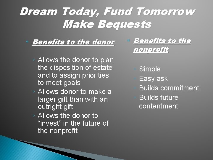 Dream Today, Fund Tomorrow Make Bequests Benefits to the donor ◦ Allows the donor