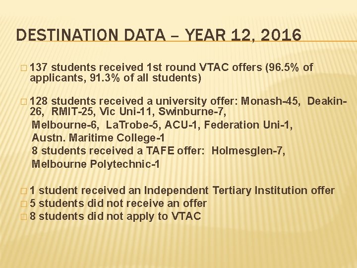 DESTINATION DATA – YEAR 12, 2016 � 137 students received 1 st round VTAC