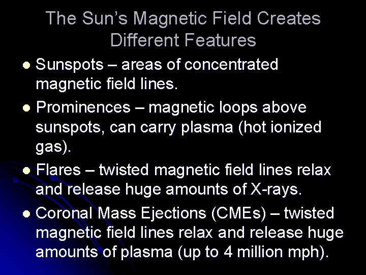 The Sun’s Magnetic Field Creates Different Features Sunspots – areas of concentrated magnetic field The Sun’s Magnetic Field Creates Different Features Sunspots – areas of concentrated magnetic field
