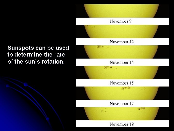 Sunspots can be used to determine the rate of the sun’s rotation. Sunspots can be used to determine the rate of the sun’s rotation.