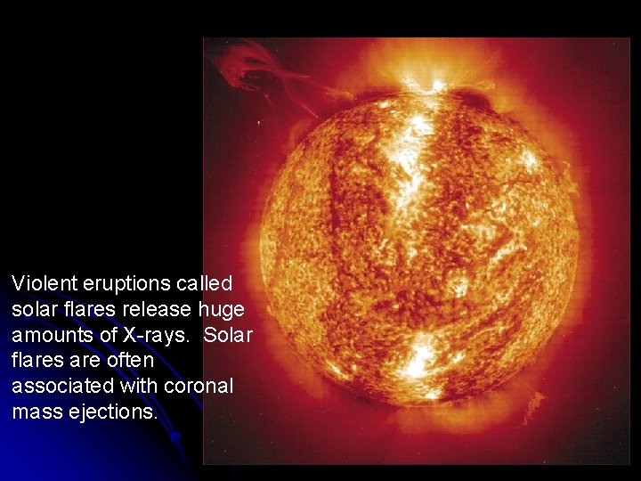 Violent eruptions called solar flares release huge amounts of X-rays. Solar flares are often Violent eruptions called solar flares release huge amounts of X-rays. Solar flares are often