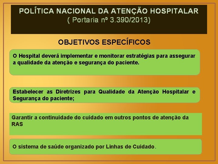 POLÍTICA NACIONAL DA ATENÇÃO HOSPITALAR ( Portaria nº 3. 390/2013) OBJETIVOS ESPECÍFICOS O Hospital