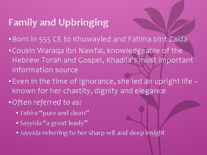 Family and Upbringing • Born in 555 CE to Khuwayled and Fatima bint Zaida