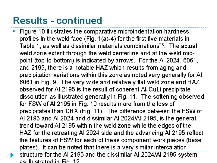 Results - continued Figure 10 illustrates the comparative microindentation hardness profiles in the weld