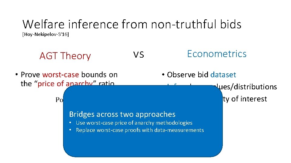 Welfare inference from non-truthful bids [Hoy-Nekipelov-S’ 16] AGT Theory • vs Econometrics • Observe