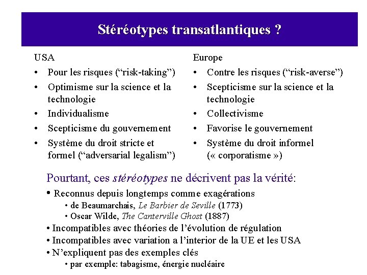 Stéréotypes transatlantiques ? USA • Pour les risques (“risk-taking”) • Optimisme sur la science