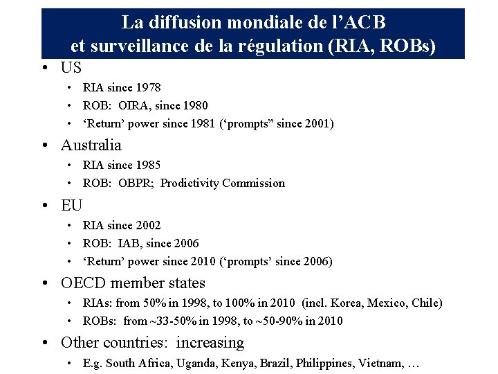 La diffusion mondiale de l’ACB et surveillance de la régulation (RIA, ROBs) • US