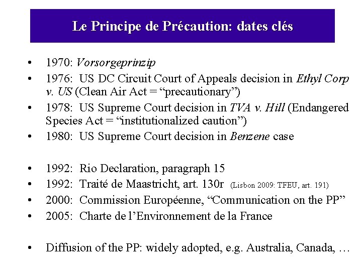 Le Principe de Précaution: dates clés • • • 1970: Vorsorgeprinzip 1976: US DC