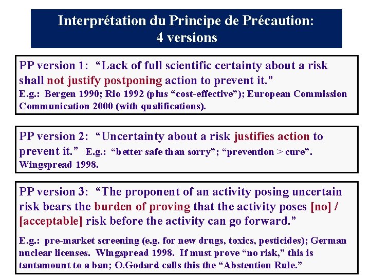 Interprétation du Principe de Précaution: 4 versions PP version 1: “Lack of full scientific