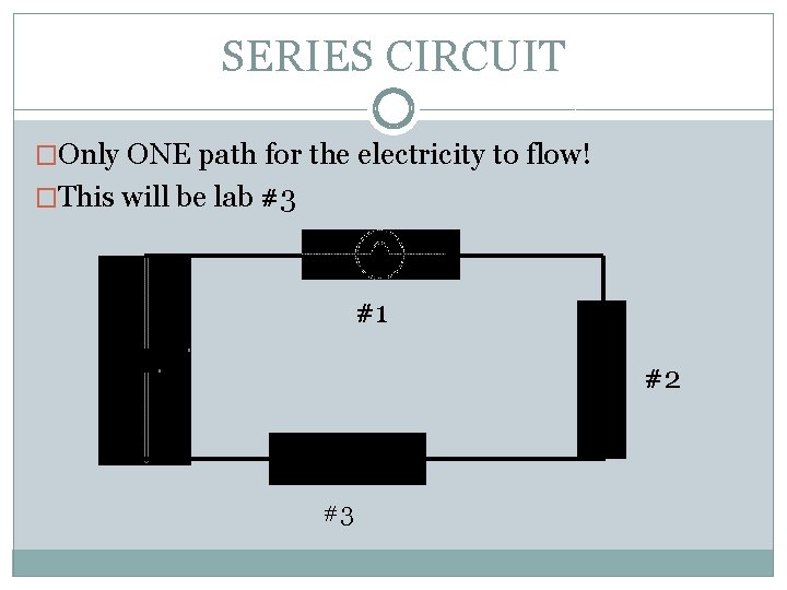 SERIES CIRCUIT �Only ONE path for the electricity to flow! �This will be lab