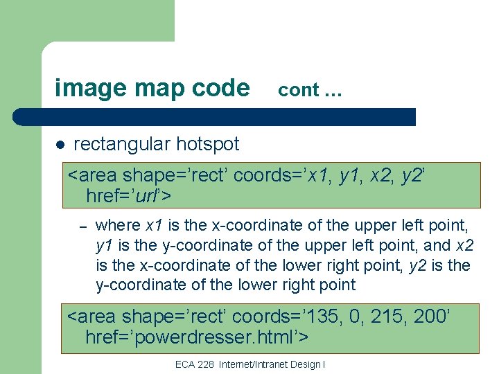 image map code l cont … rectangular hotspot <area shape=’rect’ coords=’x 1, y 1,