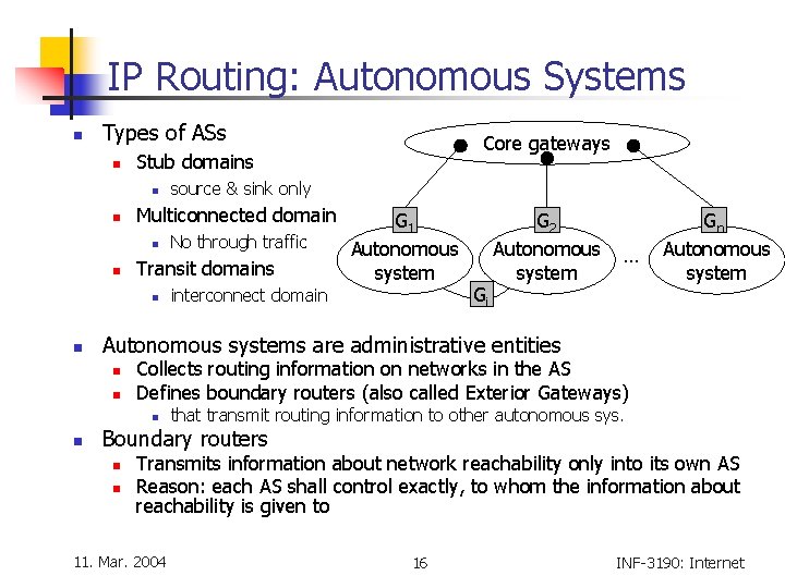 IP Routing: Autonomous Systems n Types of ASs n Stub domains n n G