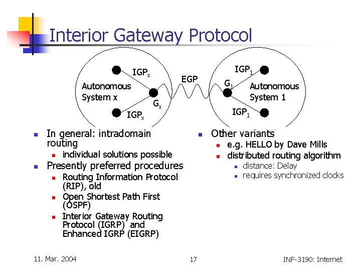 Interior Gateway Protocol IGPx Autonomous System x IGPx n n EGP n n n