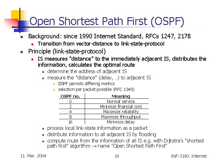 Open Shortest Path First (OSPF) n Background: since 1990 Internet Standard, RFCs 1247, 2178