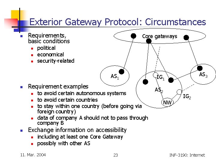 Exterior Gateway Protocol: Circumstances n Requirements, basic conditions n n n Core gateways political