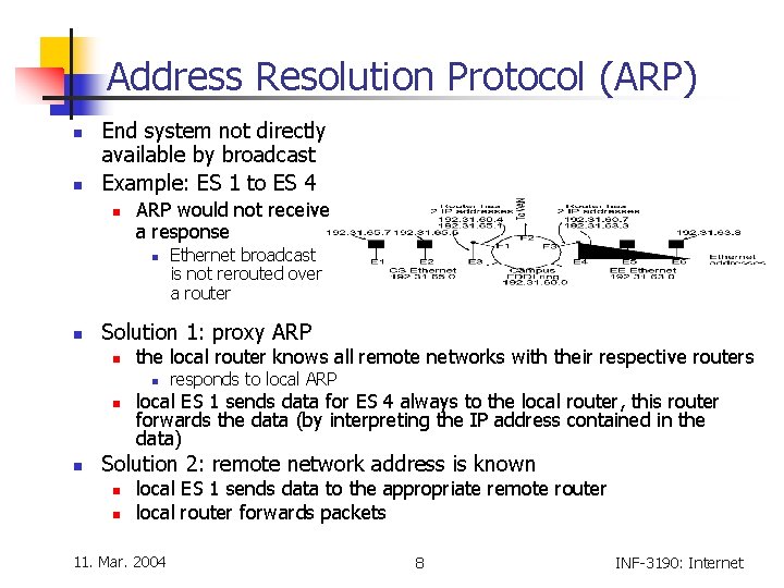 Address Resolution Protocol (ARP) n n End system not directly available by broadcast Example: