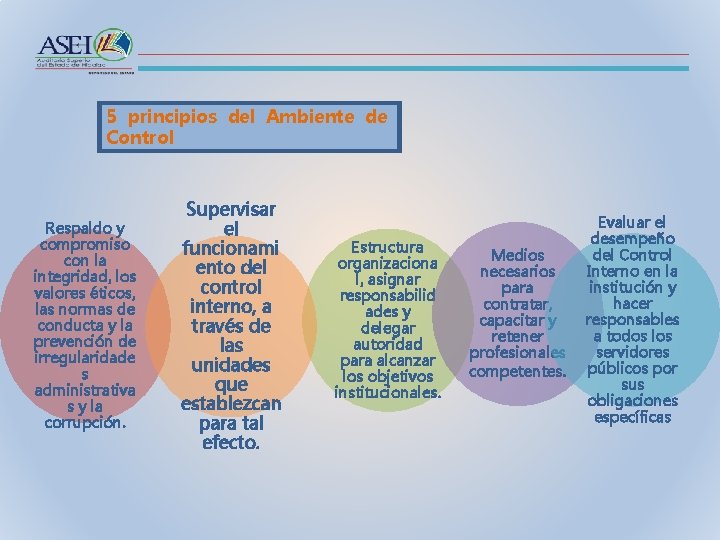 5 principios del Ambiente de Control Respaldo y compromiso con la integridad, los valores