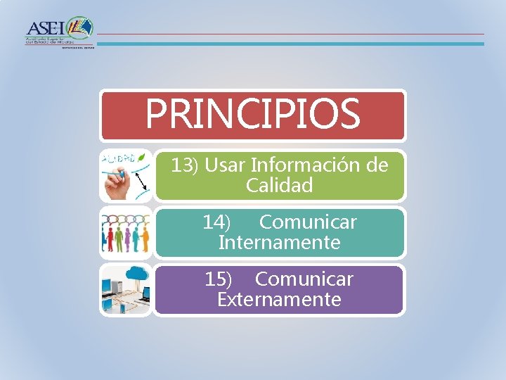 PRINCIPIOS 13) Usar Información de Calidad 14) Comunicar Internamente 15) Comunicar Externamente 