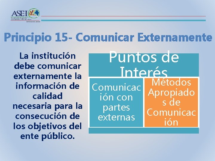 Principio 15 - Comunicar Externamente La institución debe comunicar externamente la información de calidad