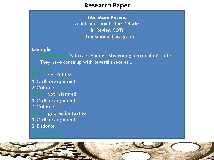 Research Paper Literature Review a. Introduction to the Debate b. Review SOTs c. Transitional