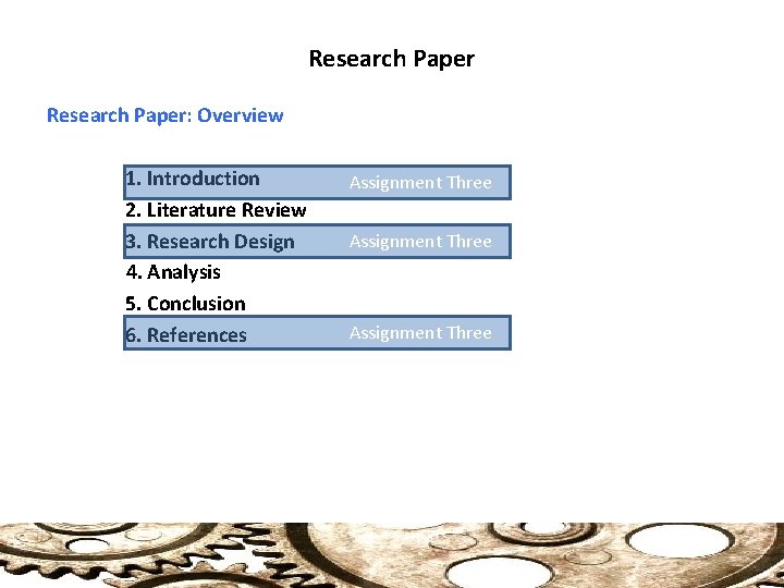 Research Paper: Overview 1. Introduction 2. Literature Review 3. Research Design 4. Analysis 5.