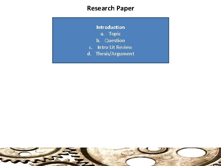 Research Paper Introduction a. Topic b. Question c. Intro Lit Review d. Thesis/Argument 