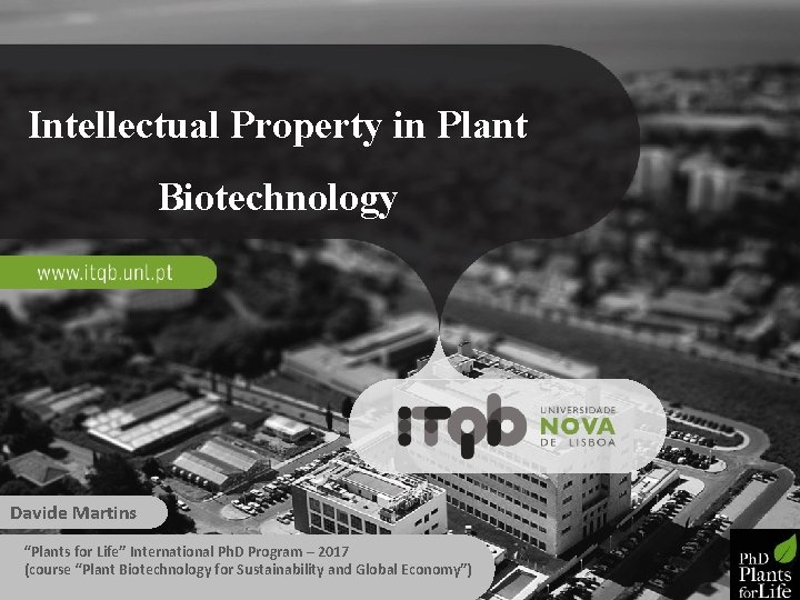 Intellectual Property in Plant Biotechnology Davide Martins “Plants for Life” International Ph. D Program